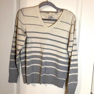 St John'S Bay Women's Stripes Thin Cotton Sweater V-Neck Ivory & Gray